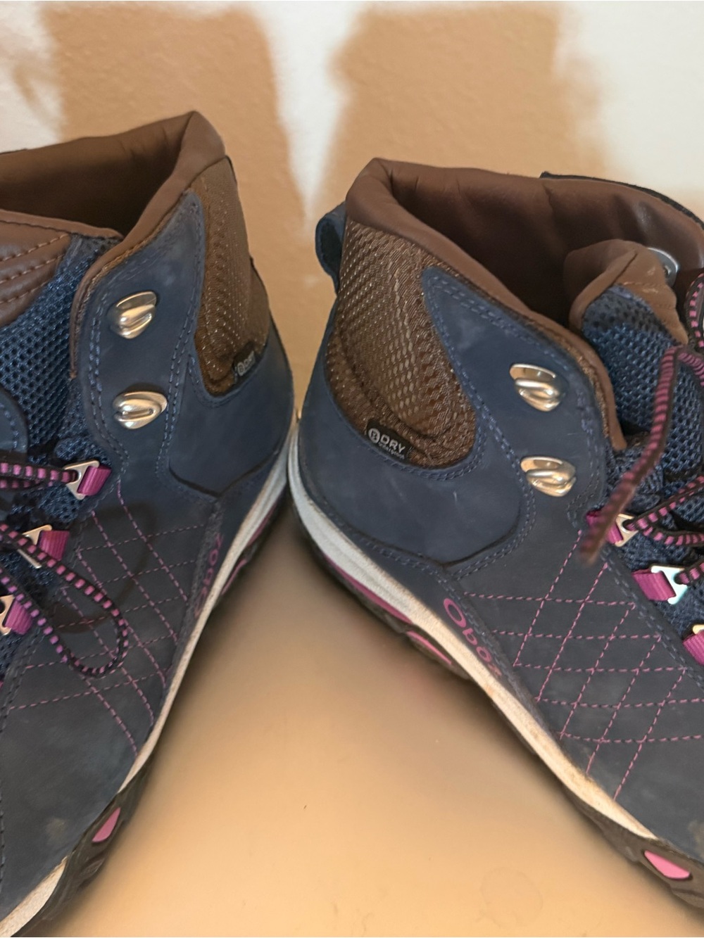 Women’s Navy and Brown Outdoor Hiking Boots with Pink Accents